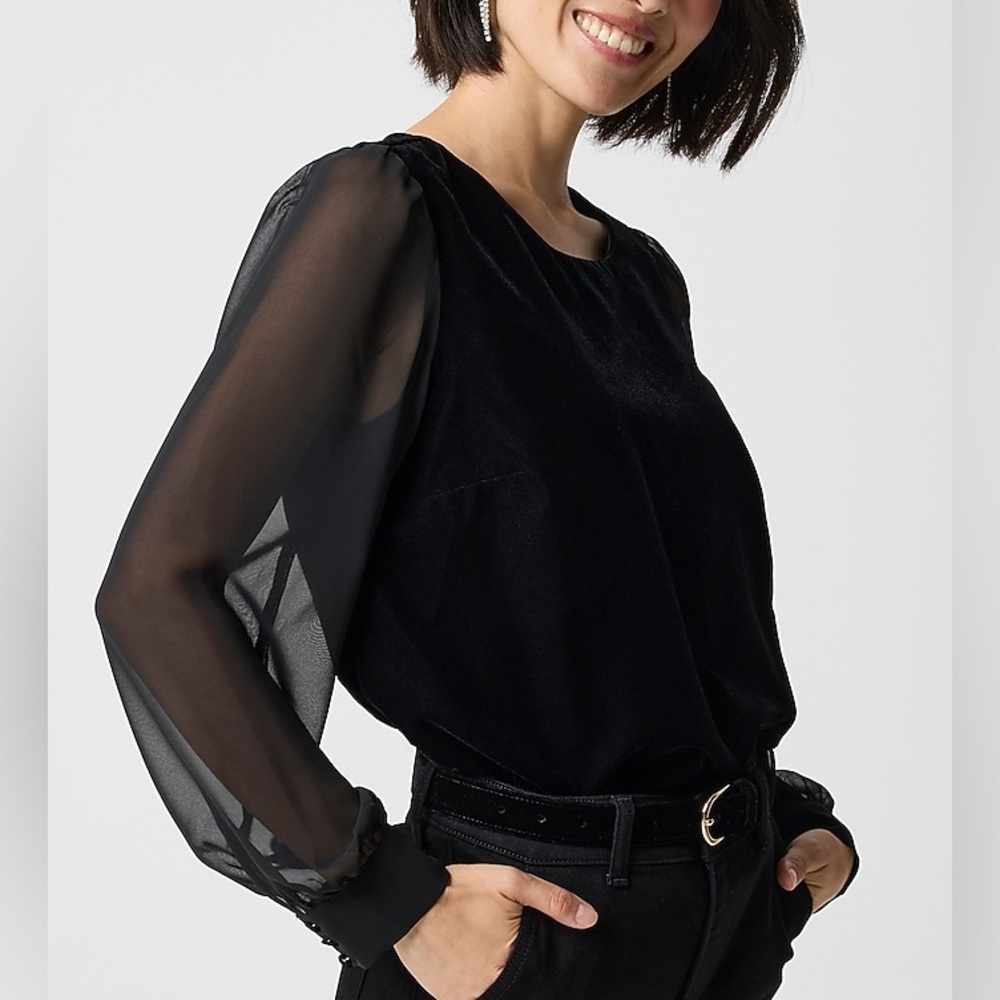 J. CREW Velvet puff-sleeve Sheer Long Sleeve top Black Color size Small NWT